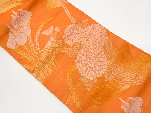 紗 八ツ橋に菊・菖蒲模様織出し名古屋帯